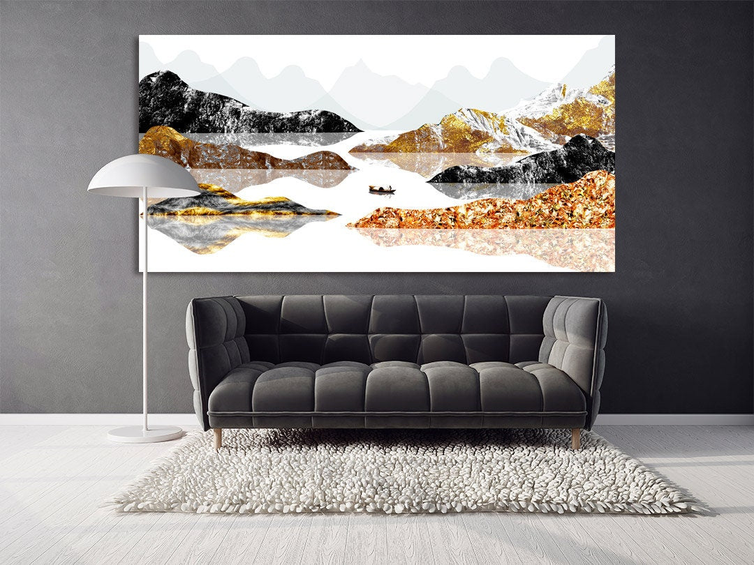 Goldene Berge Wandkunst Gemälde auf Leinwand Seine Fluss Kunst Wandbilder Berge Natur Druck Home Wand Dekor ruhige horizontale Kunst