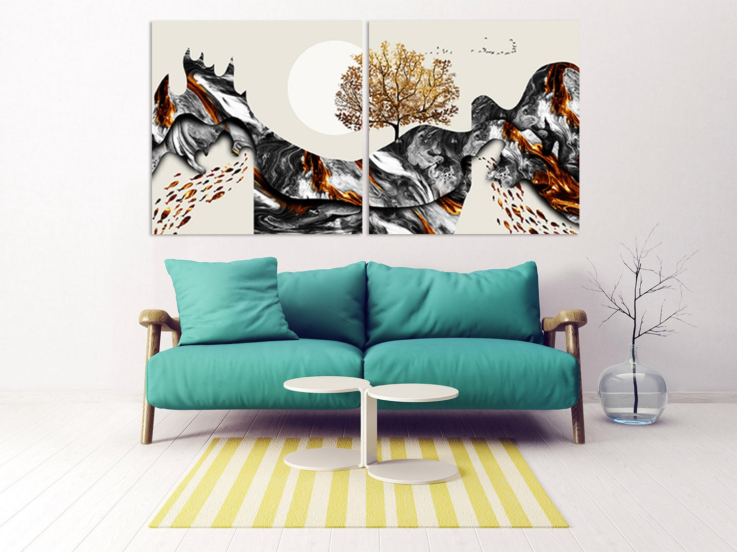 Gapanese Wandkunst Goldfisch Druck Berg Wandtattoa Bergrücken Berge Line Art Wanddruck Modernes abstraktes Leinwandgemälde