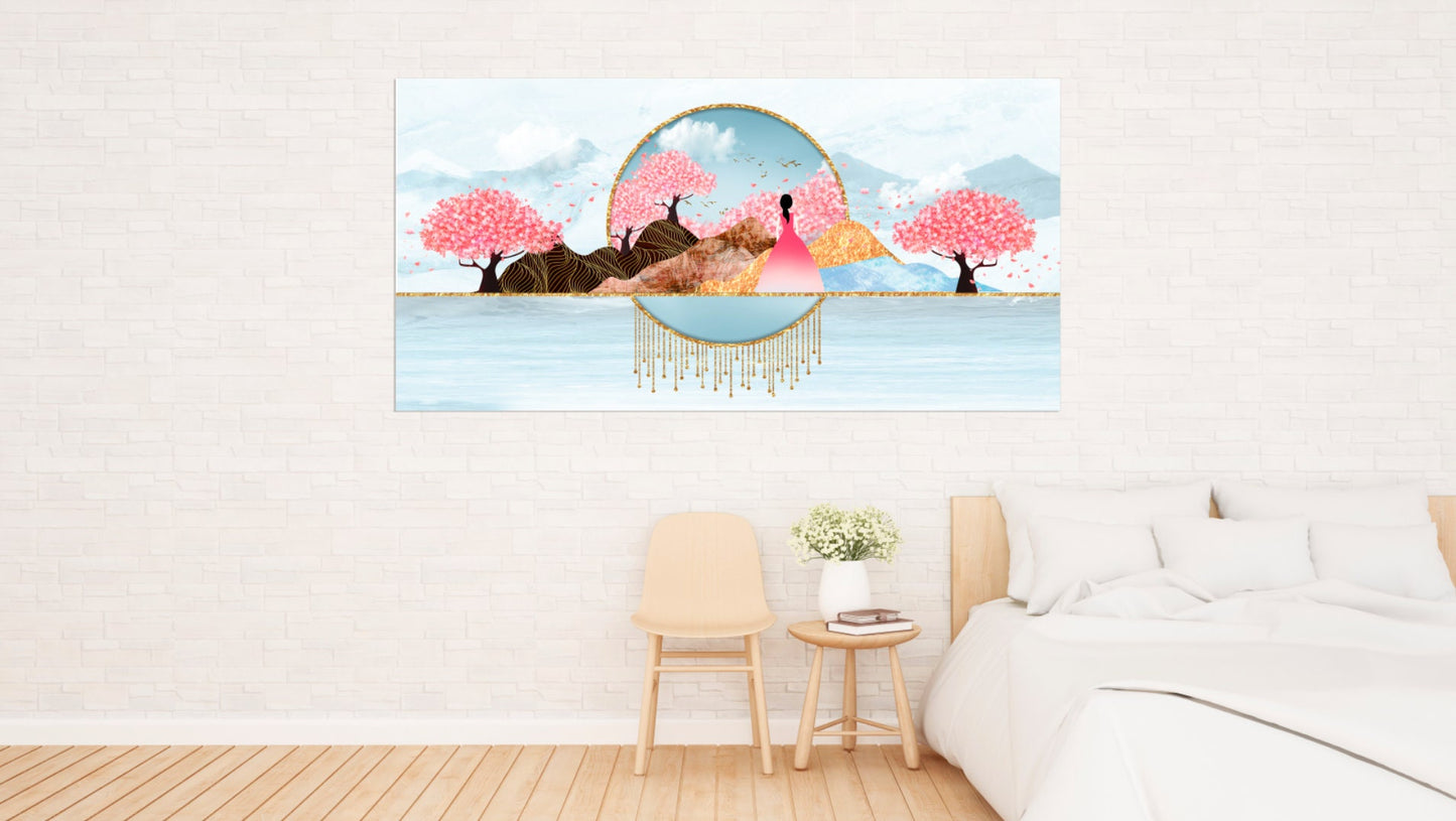 Sakura Blüten Japanische Wandkunst Leinwandgemälde Home Wanddekoration 3-teiliger Rahmen Leinwand Felsen und Berge Asiatische Wandkunst