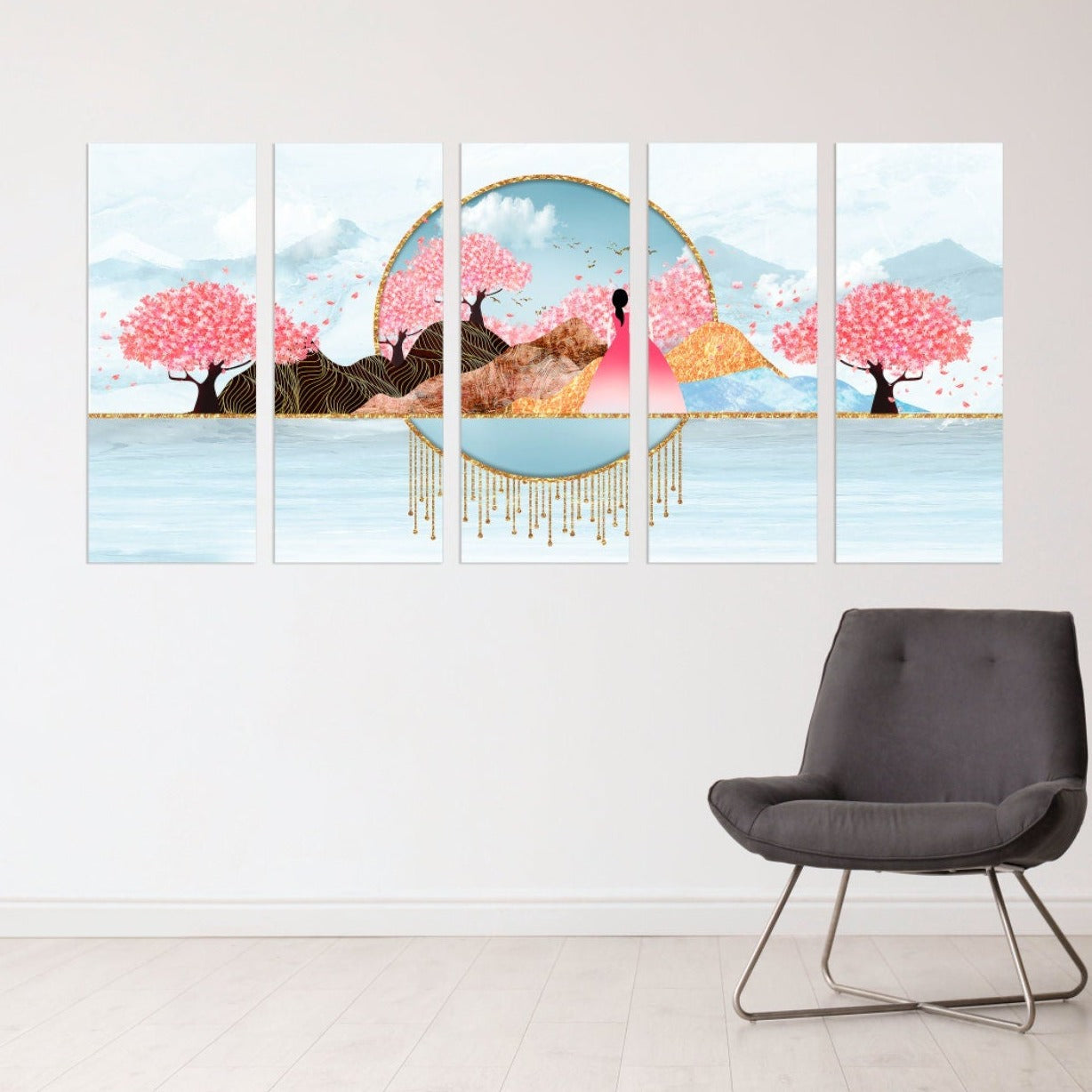 Sakura Blüten Japanische Wandkunst Leinwandgemälde Home Wanddekoration 3-teiliger Rahmen Leinwand Felsen und Berge Asiatische Wandkunst