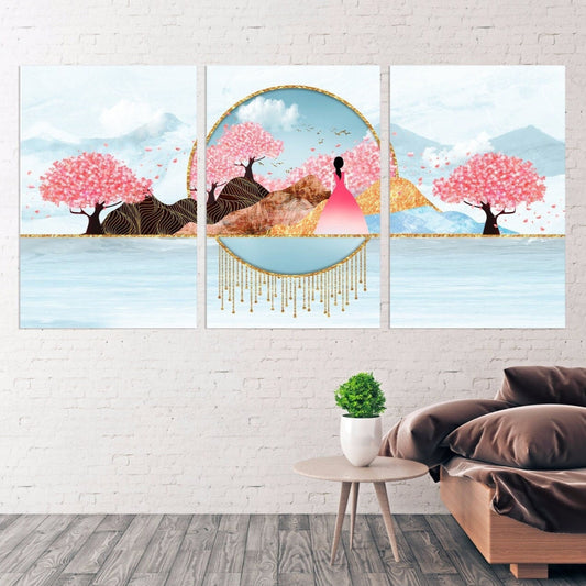 Sakura Blüten Japanische Wandkunst Leinwandgemälde Home Wanddekoration 3-teiliger Rahmen Leinwand Felsen und Berge Asiatische Wandkunst
