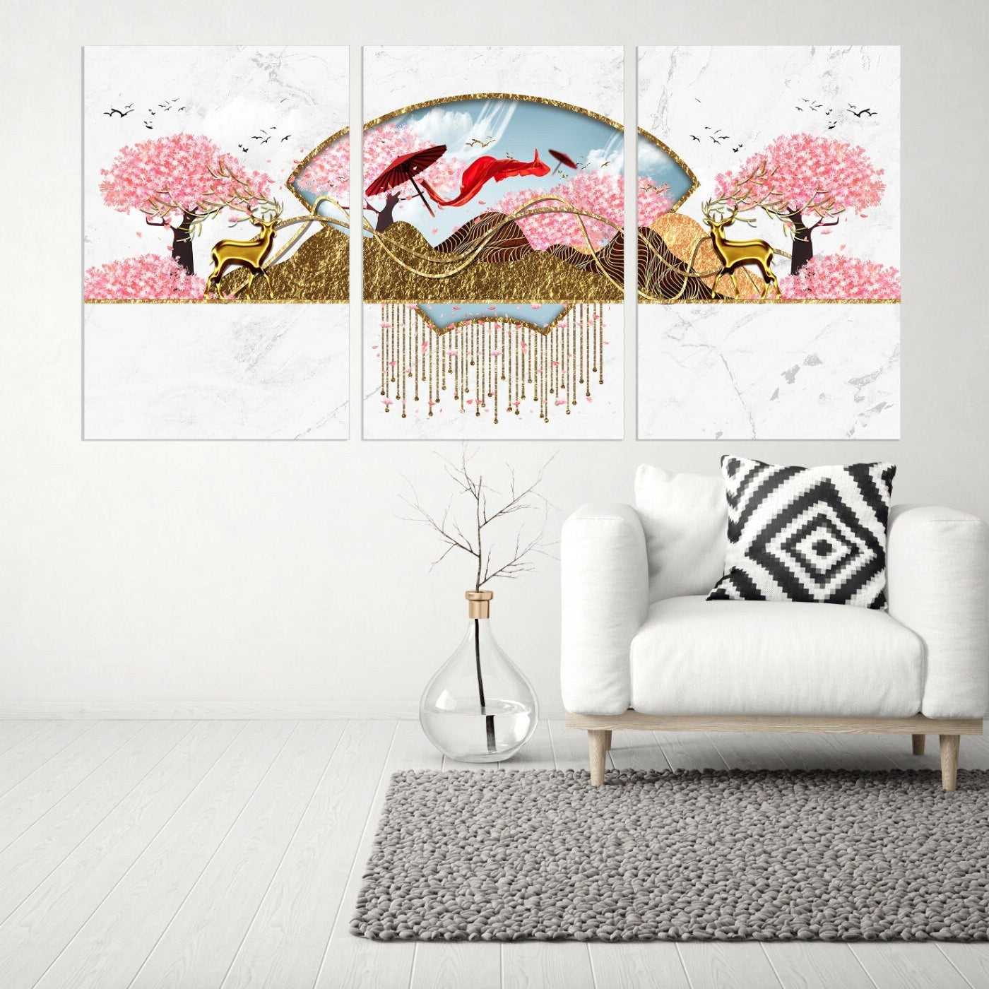 Sakura Blüten Japanische Wandkunst Leinwandgemälde Home Wanddekoration 3-teiliger Rahmen Leinwand Felsen und Berge Asiatische Wandkunst Goldener Hirsch