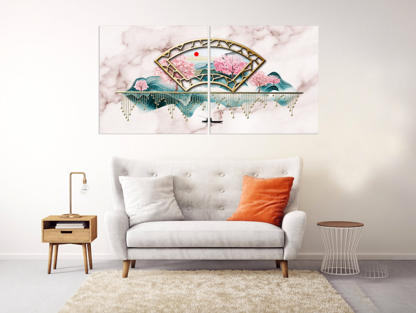 Wanddekoration für Zuhause, Marmorgemälde, japanische Wandkunst, Leinwandgemälde, 3-teiliger Rahmen, Felsen und Berge, asiatische Wandkunst, Sakura-Blüten