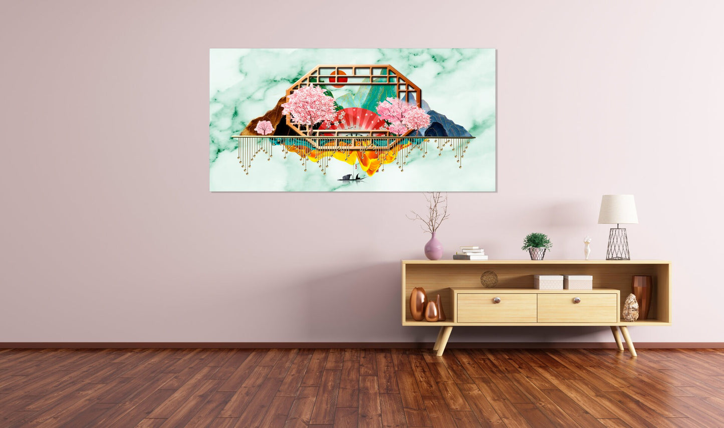 Wanddekoration für Zuhause, grüner Marmor, japanische Wandkunst, Leinwandgemälde, 3-teiliger Rahmen, Leinwand, Felsen und Berge, asiatische Wandkunst, Sakura-Blüten