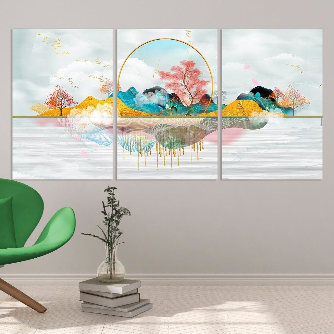 Sakura Blüten Japanische Wandkunst Leinwandgemälde Home Wanddekoration 3-teiliger Rahmen Leinwand Felsen und Berge Asiatische Wandkunst