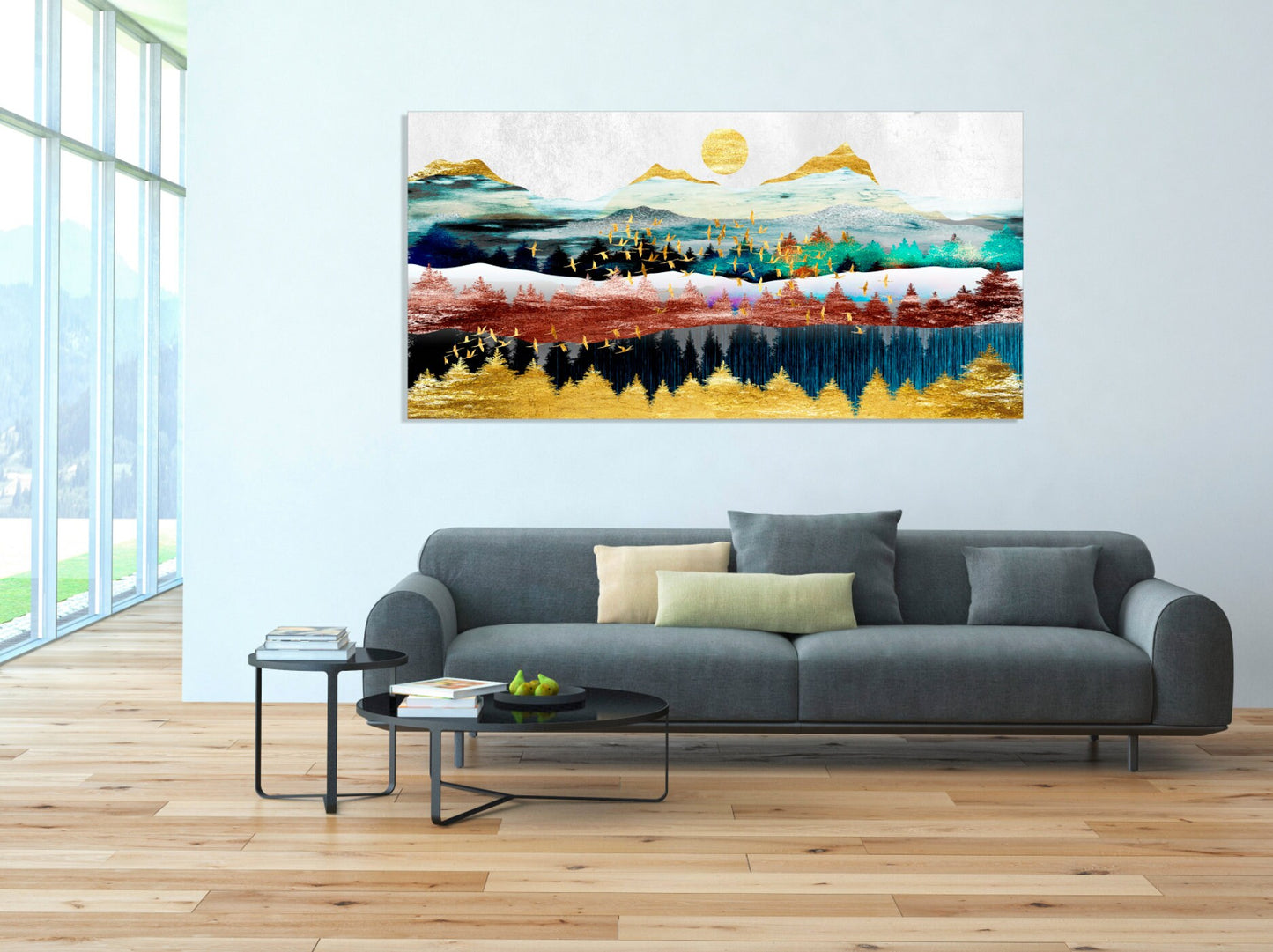 Gerahmte Wandkunst Berge Leinwandgemälde Home Wanddekoration Felsen und Berge 3-teiliger Rahmen Leinwand Goldene Sonne Berge Poster