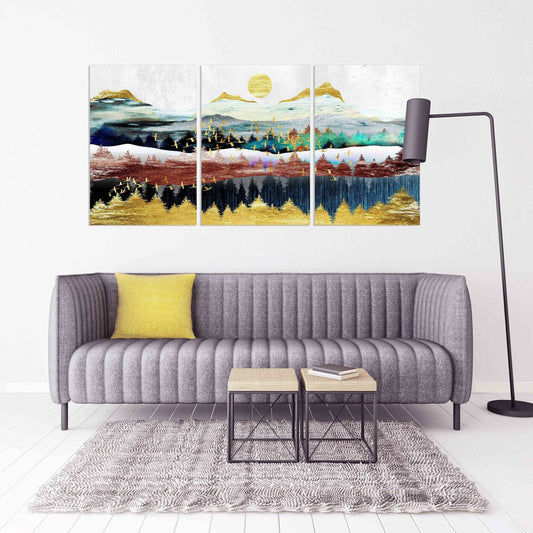 Gerahmte Wandkunst Berge Leinwandgemälde Home Wanddekoration Felsen und Berge 3-teiliger Rahmen Leinwand Goldene Sonne Berge Poster