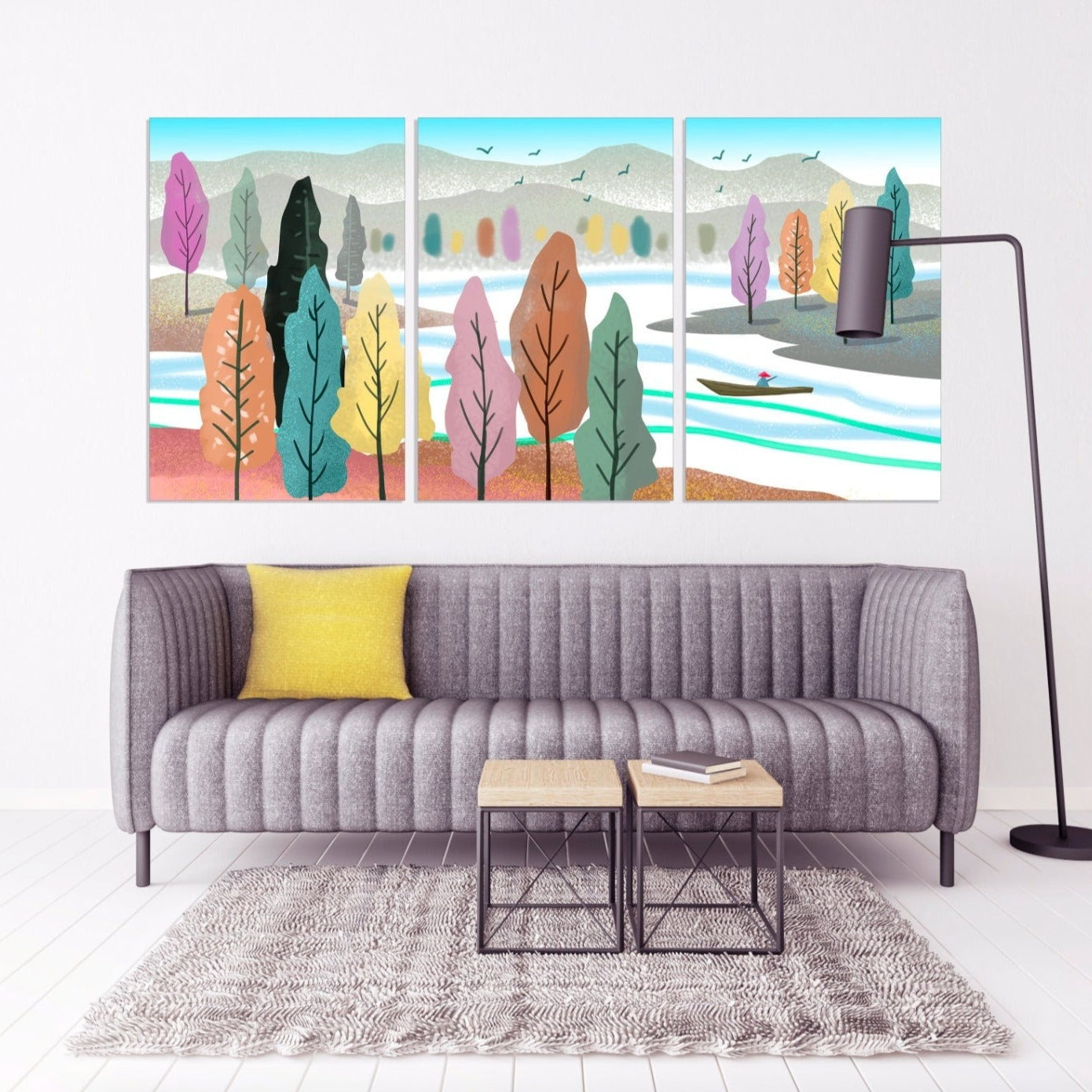 Waldgrünes Leinwandgemälde, Wohnwanddekoration, 3-teiliger Rahmen, Leinwand, weißer Birkenwald, Wandkunst, mehrteilige Leinwand, „Life is better river“