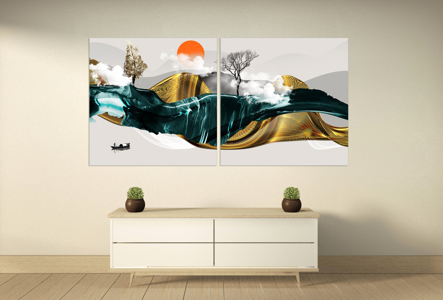 Gerahmte Wandkunst Berge Leinwandgemälde Home Wanddekoration Felsen und Berge 3-teiliger Rahmen Leinwand Goldene Sonne Berge Poster