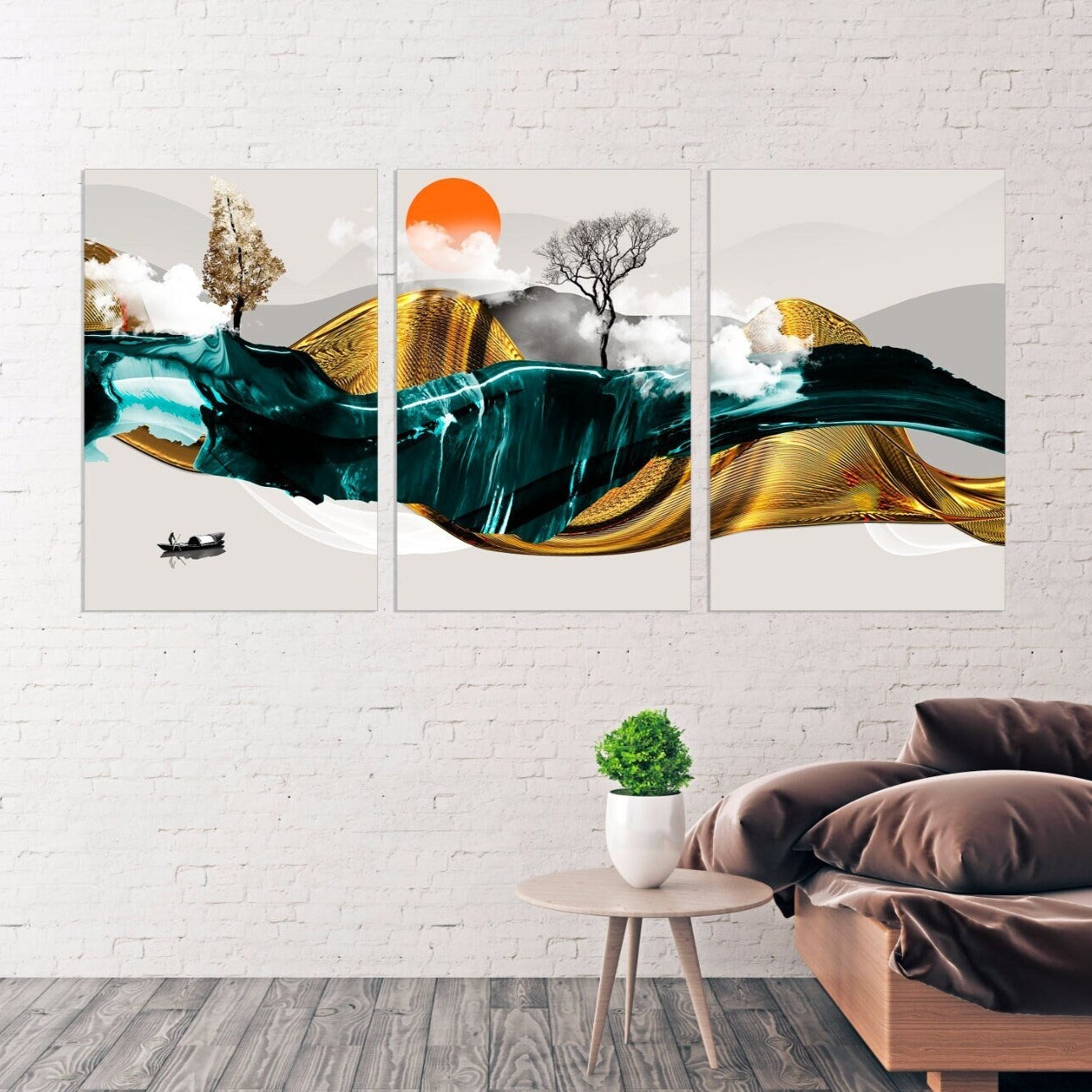 Gerahmte Wandkunst Berge Leinwandgemälde Home Wanddekoration Felsen und Berge 3-teiliger Rahmen Leinwand Goldene Sonne Berge Poster