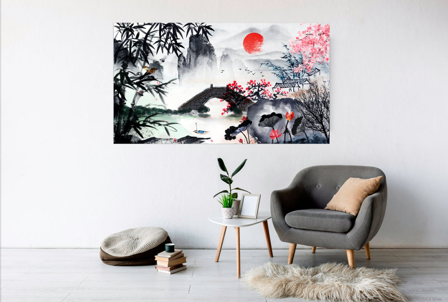Sakura Blüten Outdoor Berge Wandkunst Home Wanddekoration Felsen und Berge 3-teiliger Rahmen Leinwand Das Leben ist besser am See