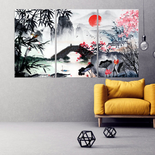 Sakura Blüten Outdoor Berge Wandkunst Home Wanddekoration Felsen und Berge 3-teiliger Rahmen Leinwand Das Leben ist besser am See