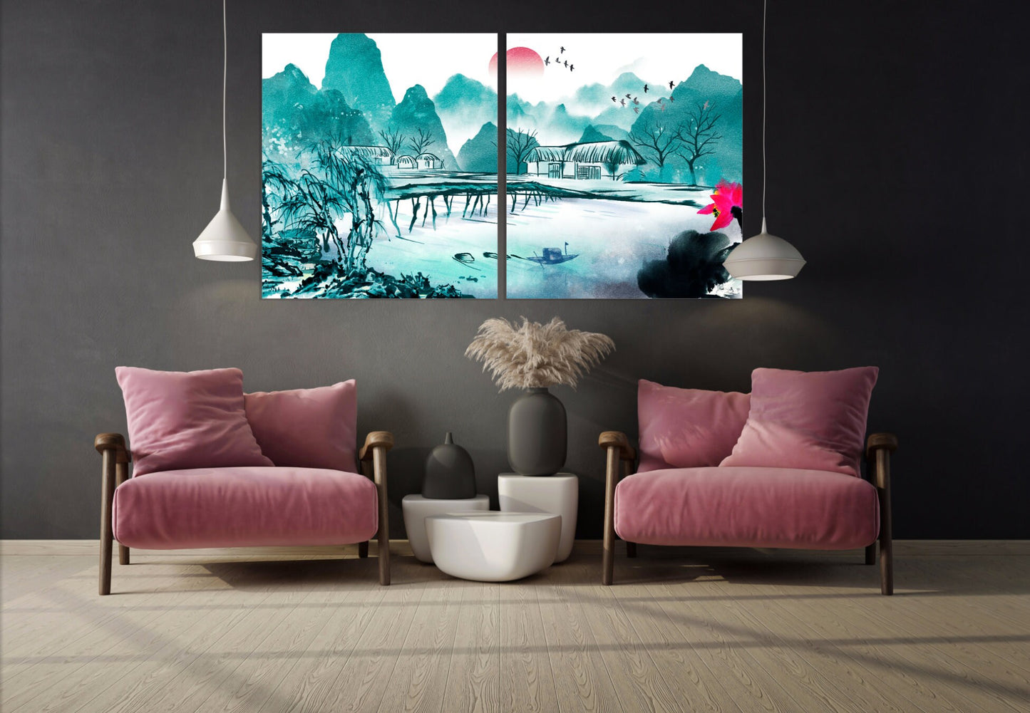 Das Leben ist besser am See Sakura Blüten Outdoor Berge Wandkunst Home Wanddekoration Felsen und Berge 3-teiliger Rahmen Leinwand Seeleben