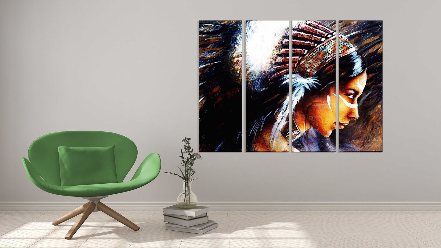 Indische Malerei, Wanddekoration, mehrere Panele, extra große Leinwandkunst, Gemälde „Wonder Woman Girl“, Gemälde auf Leinwand, Federn im Stil