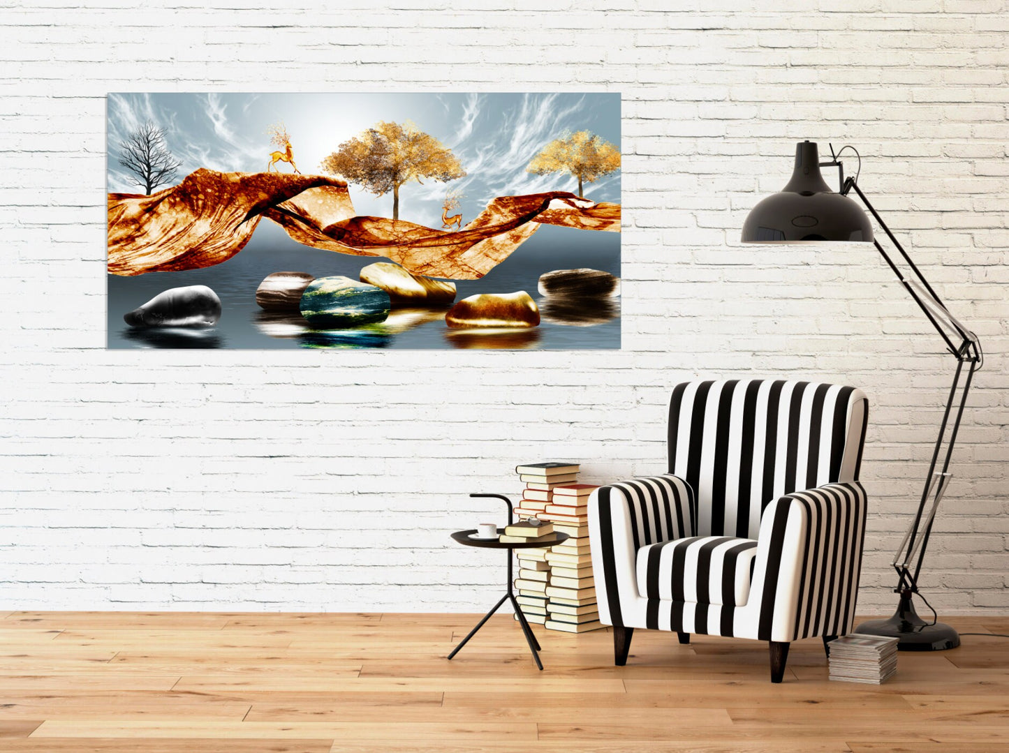 Waldtiere Figuren Obstbäume lebende Pflanze Goldener Hirsch Leinwandbild Wohnwanddekor Infinity Steine 3-teiliger Rahmen Leinwand