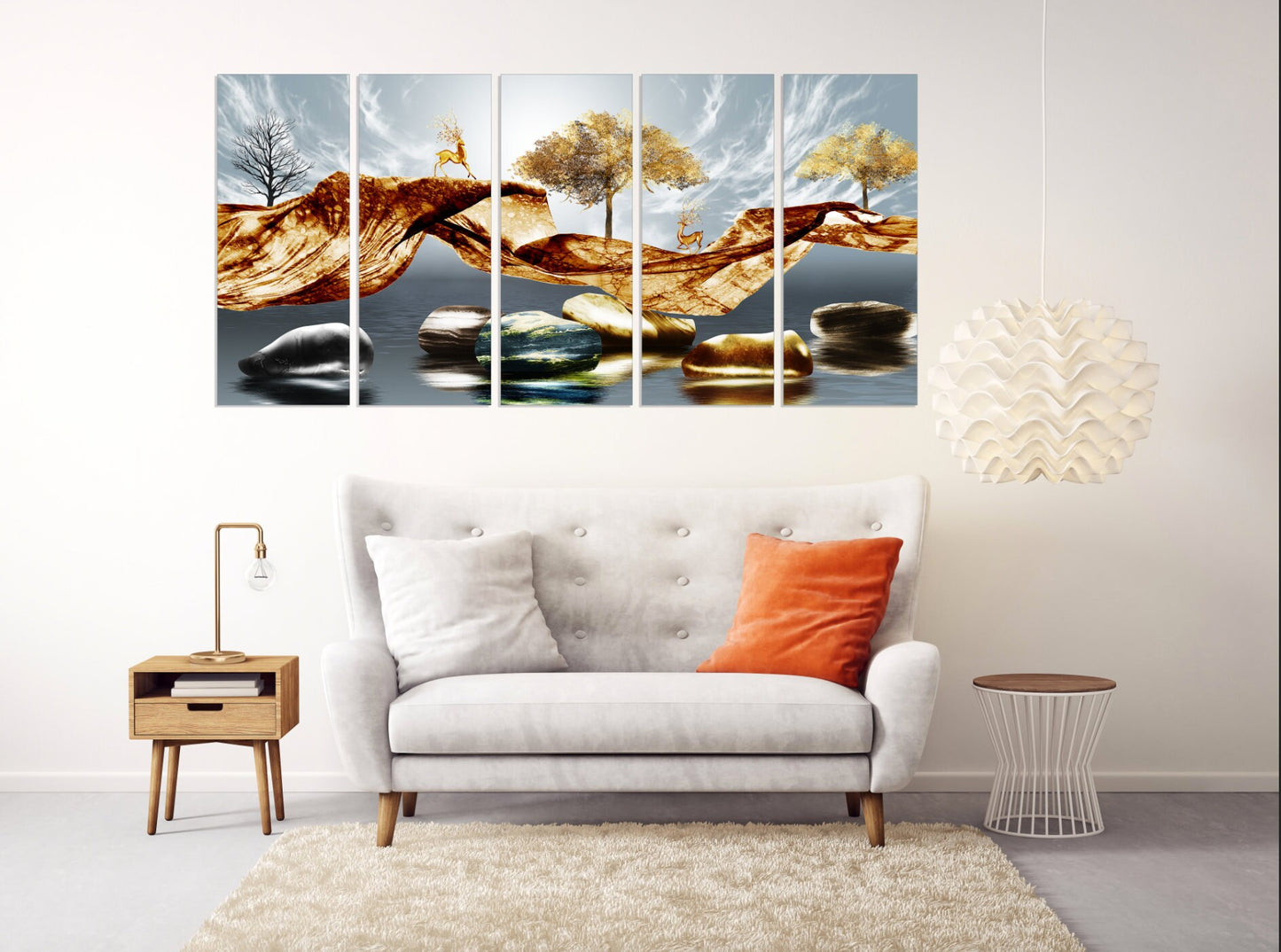 Waldtiere Figuren Obstbäume lebende Pflanze Goldener Hirsch Leinwandbild Wohnwanddekor Infinity Steine 3-teiliger Rahmen Leinwand