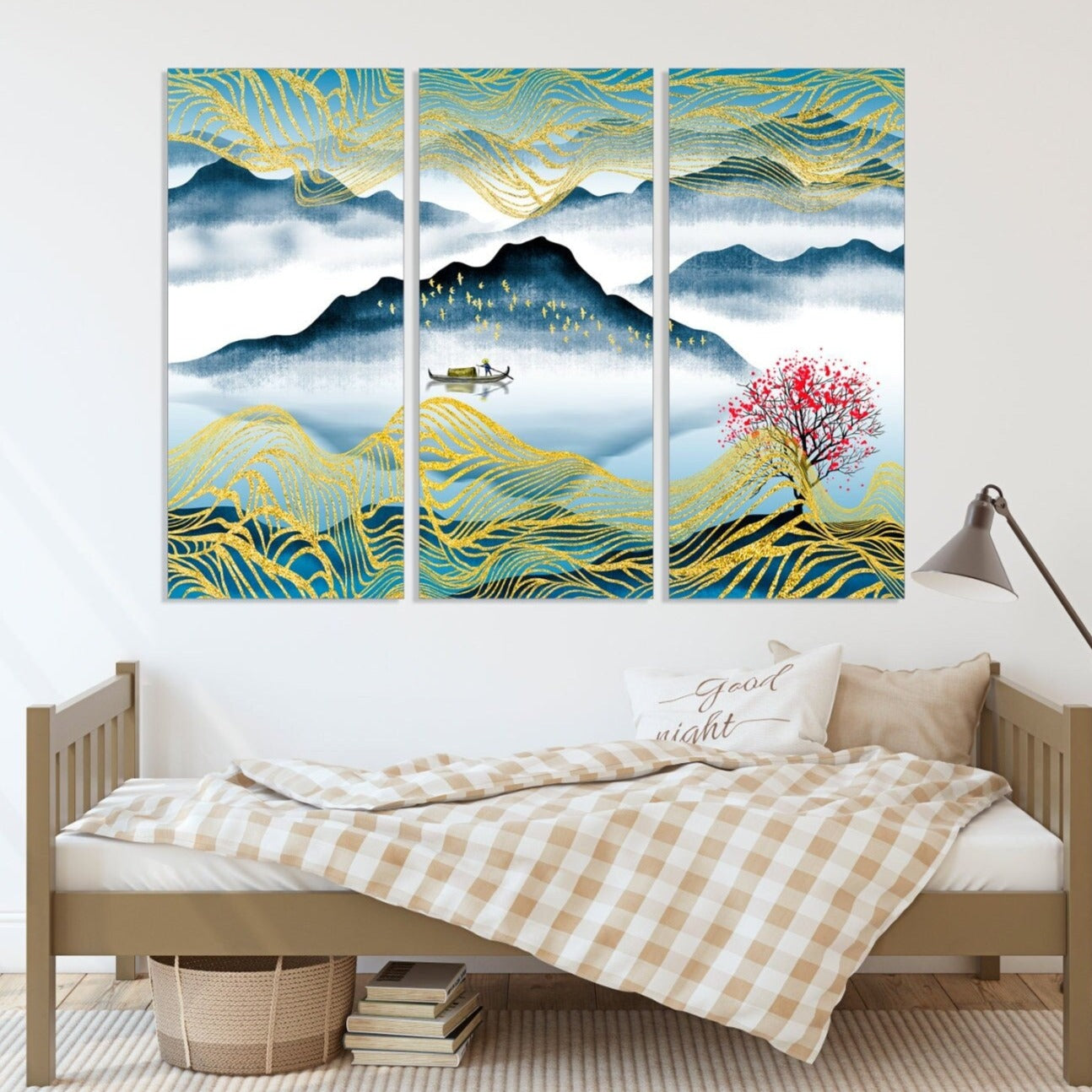 Boot Holz Sakura Blüten Filzboot Bergsee Dekor Home Wand Dekor Leinwand Gemälde Felsen und Berge Dünne blaue Linie