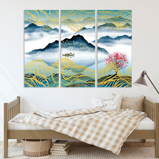 Boot Holz Sakura Blüten Filzboot Bergsee Dekor Home Wand Dekor Leinwand Gemälde Felsen und Berge Dünne blaue Linie