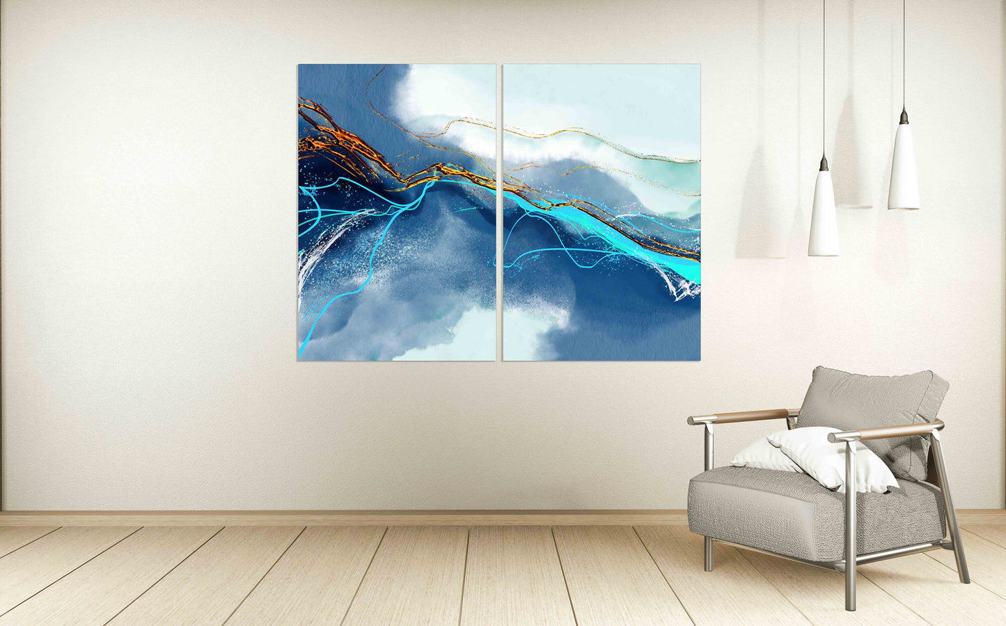 Großes abstraktes Gemälde blau und gold Abstraktes buntes Gemälde großes expressionistisches Gemälde 3-teiliger Rahmen Leinwand Home Wanddekoration