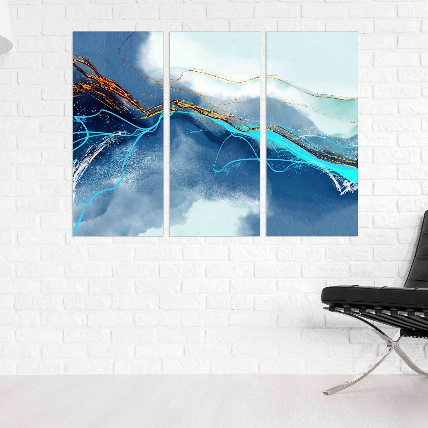 Großes abstraktes Gemälde blau und gold Abstraktes buntes Gemälde großes expressionistisches Gemälde 3-teiliger Rahmen Leinwand Home Wanddekoration