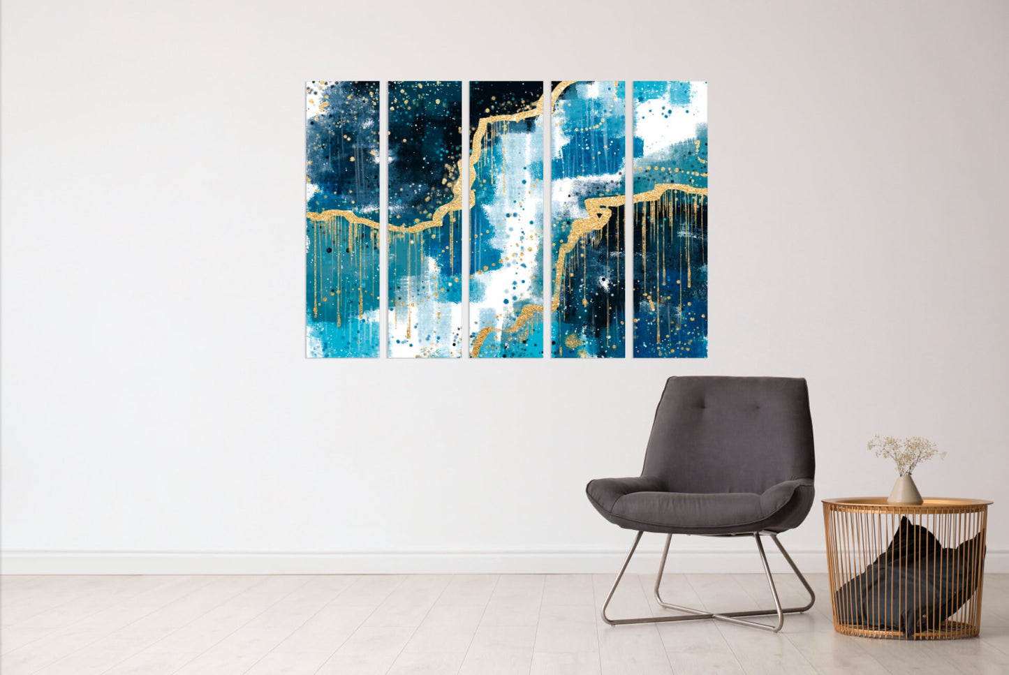 Wohnwanddekor Abstraktes buntes Gemälde großes expressionistisches Gemälde 3-teiliger Rahmen Leinwand Großes abstraktes Gemälde blau und gold