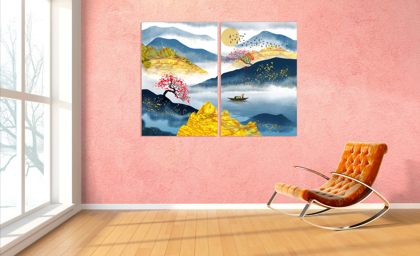 Bergsee Dekor Home Wanddekoration Leinwandgemälde Felsen und Berge Dünne blaue Linie Boot Holz Sakura Blüten Filzboot