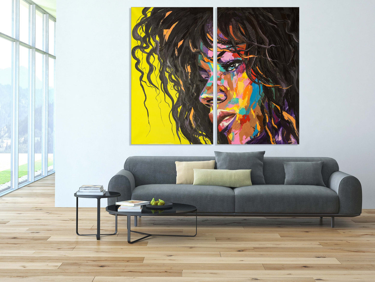 Afrikanische Leinwandkunst, afroamerikanische helle Wandkunst, Mehrteiliges extra großes Leinwandbild, Afro-Frau, trendige Wandkunst