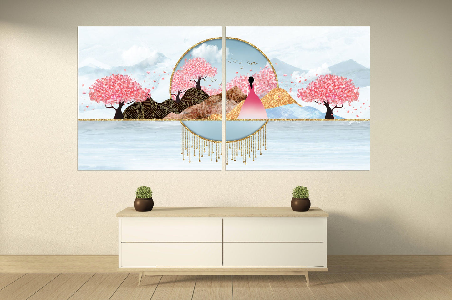 Sakura Blüten Japanische Wandkunst Leinwandgemälde Home Wanddekoration 3-teiliger Rahmen Leinwand Felsen und Berge Asiatische Wandkunst