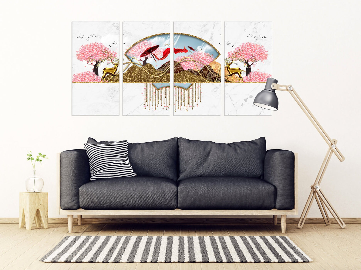 Sakura Blüten Japanische Wandkunst Leinwandgemälde Home Wanddekoration 3-teiliger Rahmen Leinwand Felsen und Berge Asiatische Wandkunst Goldener Hirsch