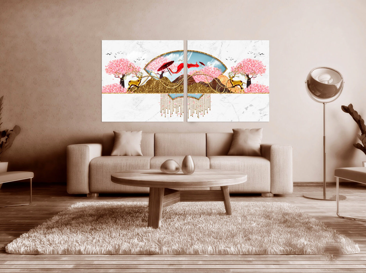 Sakura Blüten Japanische Wandkunst Leinwandgemälde Home Wanddekoration 3-teiliger Rahmen Leinwand Felsen und Berge Asiatische Wandkunst Goldener Hirsch