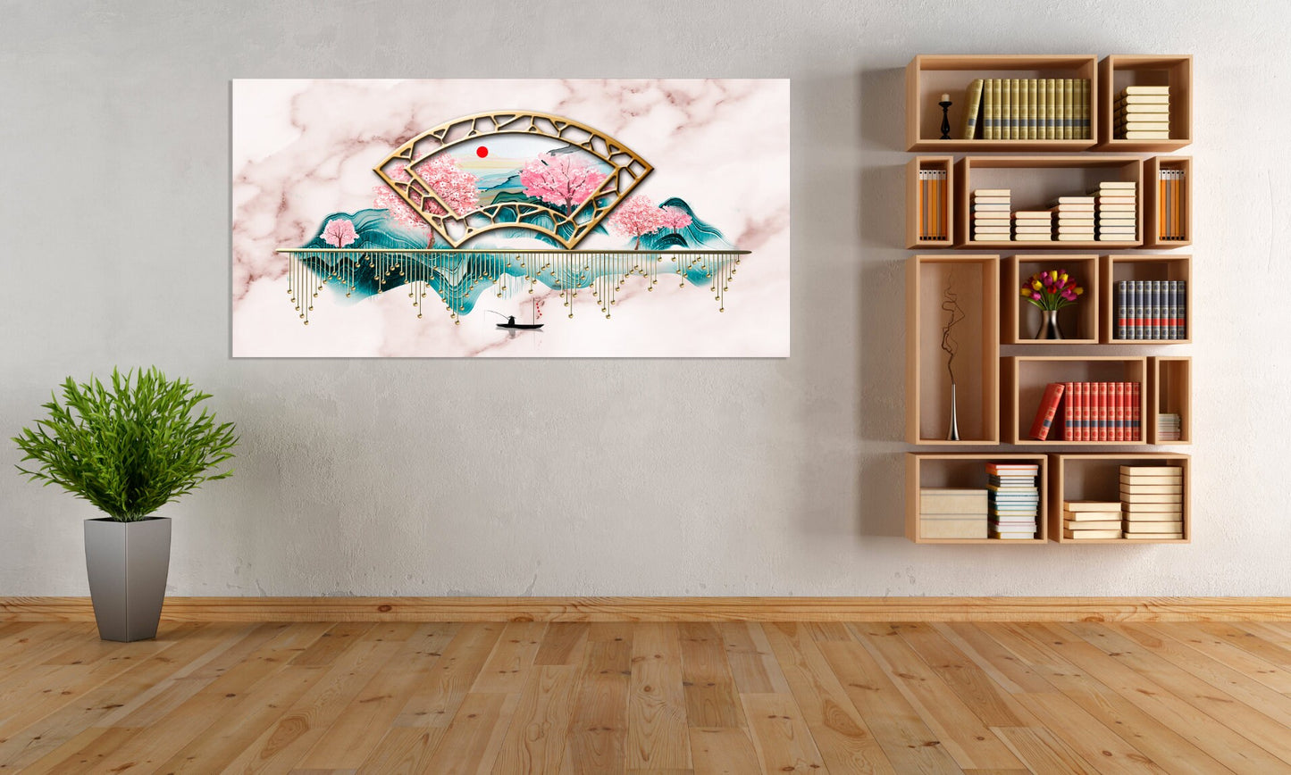 Wanddekoration für Zuhause, Marmorgemälde, japanische Wandkunst, Leinwandgemälde, 3-teiliger Rahmen, Felsen und Berge, asiatische Wandkunst, Sakura-Blüten