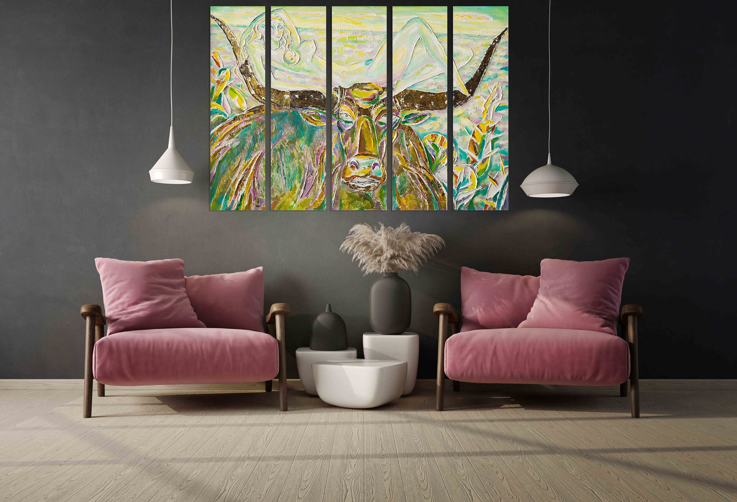 Wanddekoration für Zuhause, mehrteiliges, extra großes Leinwandbild, Wandkunst mit Rindern, Waldtierfiguren, Wonder Woman, Büffelsilhouette