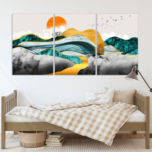 Goldene Berge Wandkunst Abstraktes gerahmtes Leinwandgemälde Wandbilder Berge Natur Wandkunst Schlafzimmer Wanddekoration Bergkunstdruck