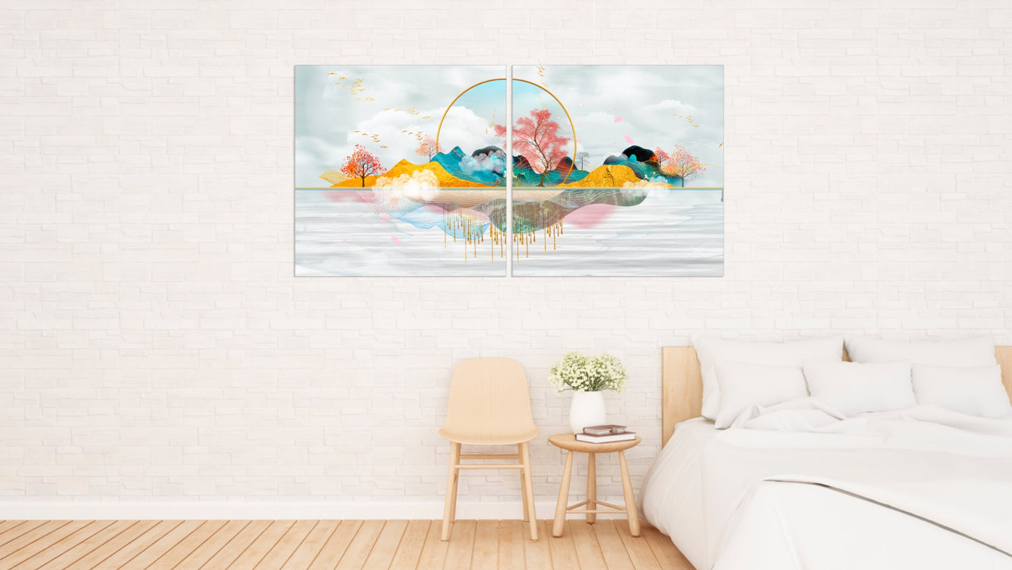 Sakura Blüten Japanische Wandkunst Leinwandgemälde Home Wanddekoration 3-teiliger Rahmen Leinwand Felsen und Berge Asiatische Wandkunst