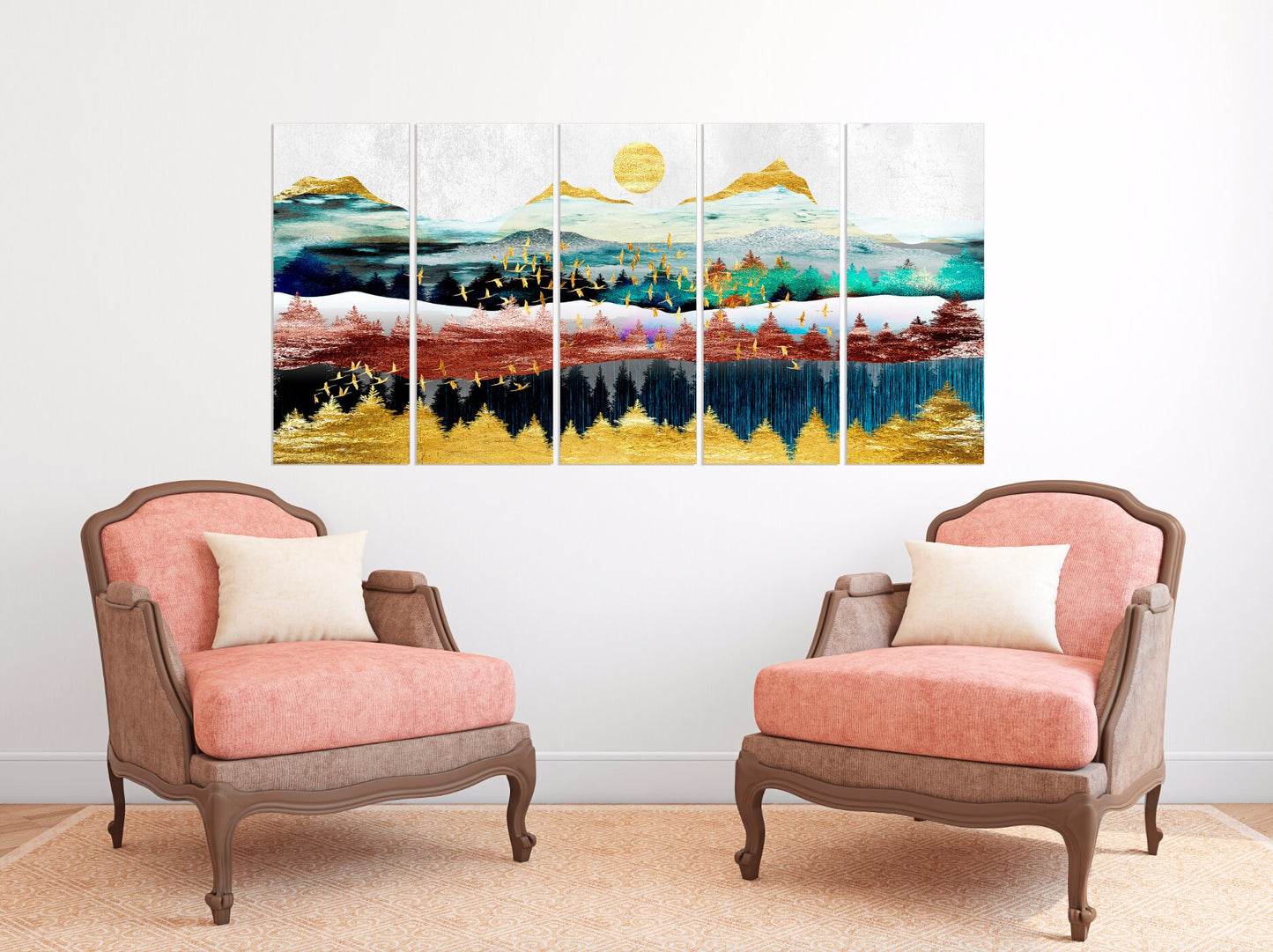 Gerahmte Wandkunst Berge Leinwandgemälde Home Wanddekoration Felsen und Berge 3-teiliger Rahmen Leinwand Goldene Sonne Berge Poster