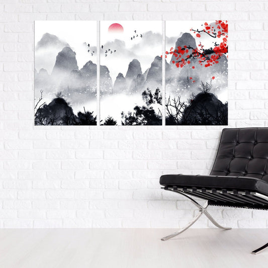 Sakura-Blüten im Freien Berge Wandkunst Home Wanddekoration Felsen und Berge 3-teiliger Rahmen Leinwand Berge Poster