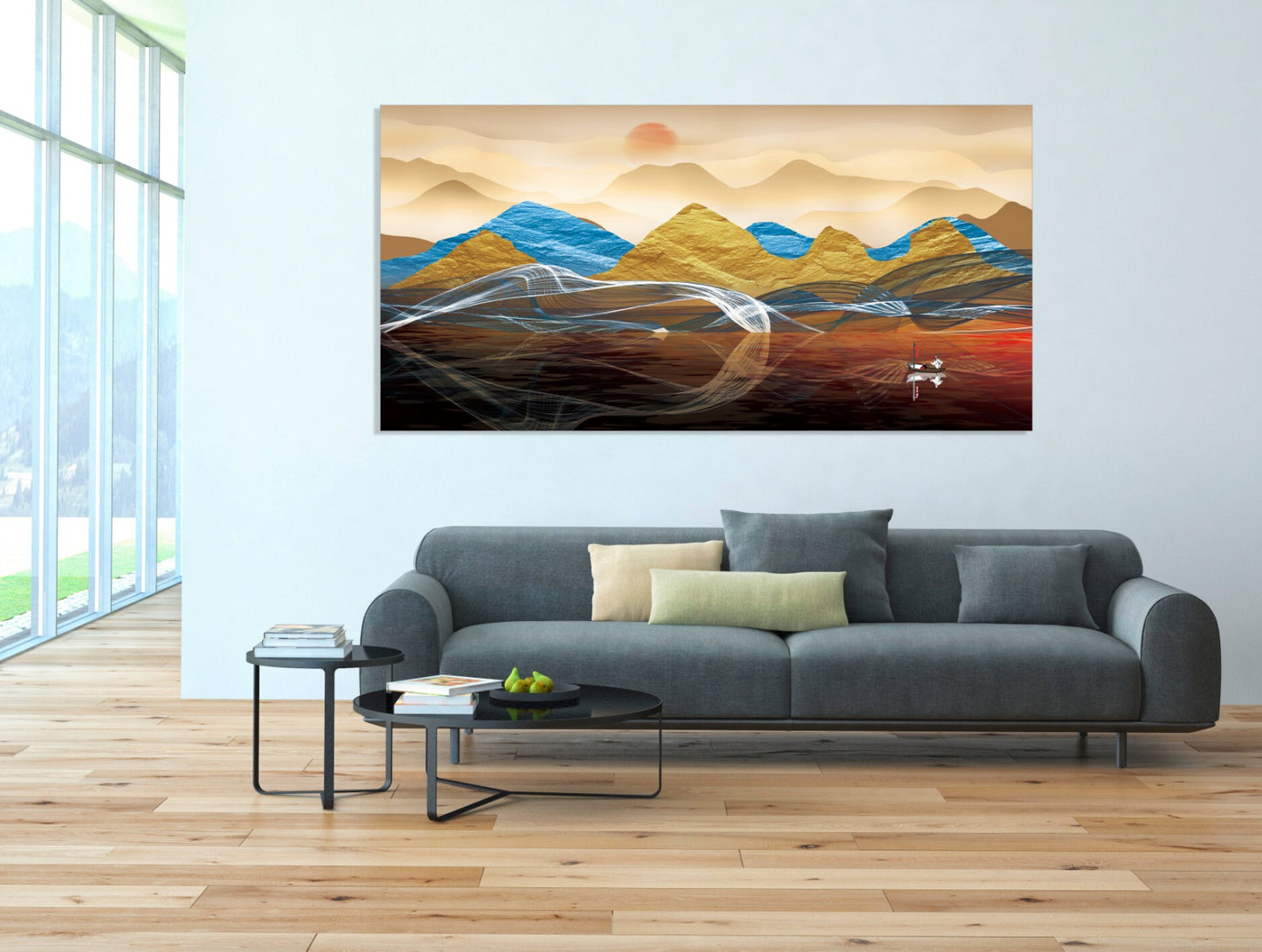 Gerahmte Wandkunst Berge Leinwandgemälde Home Wanddekoration Felsen und Berge 3-teiliger Rahmen Leinwand Goldene Sonne Berge Poster