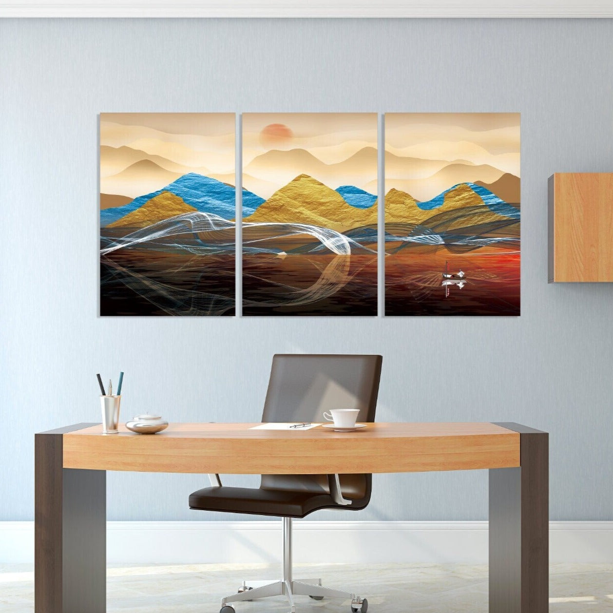 Gerahmte Wandkunst Berge Leinwandgemälde Home Wanddekoration Felsen und Berge 3-teiliger Rahmen Leinwand Goldene Sonne Berge Poster
