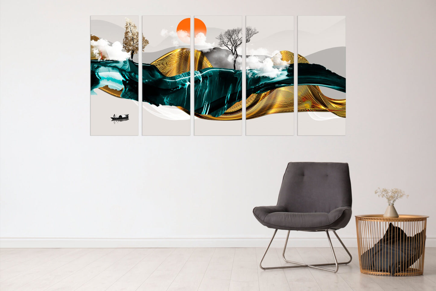 Gerahmte Wandkunst Berge Leinwandgemälde Home Wanddekoration Felsen und Berge 3-teiliger Rahmen Leinwand Goldene Sonne Berge Poster