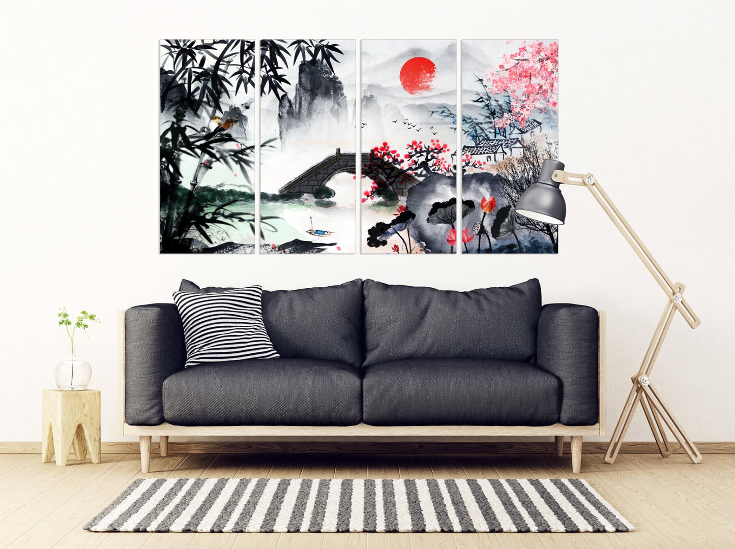 Sakura Blüten Outdoor Berge Wandkunst Home Wanddekoration Felsen und Berge 3-teiliger Rahmen Leinwand Das Leben ist besser am See