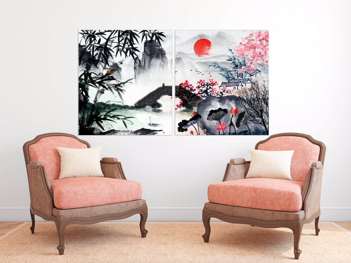Sakura Blüten Outdoor Berge Wandkunst Home Wanddekoration Felsen und Berge 3-teiliger Rahmen Leinwand Das Leben ist besser am See