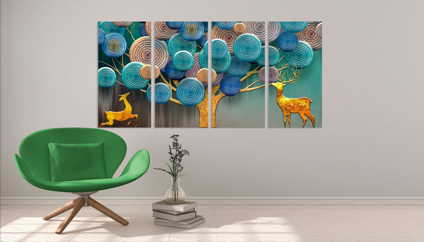 Goldener Hirsch druckbares Wohndekor Leinwandgemälde 3-teiliges Leinwandbild Waldlichterkette Waldtiere Figuren Bild Ornament