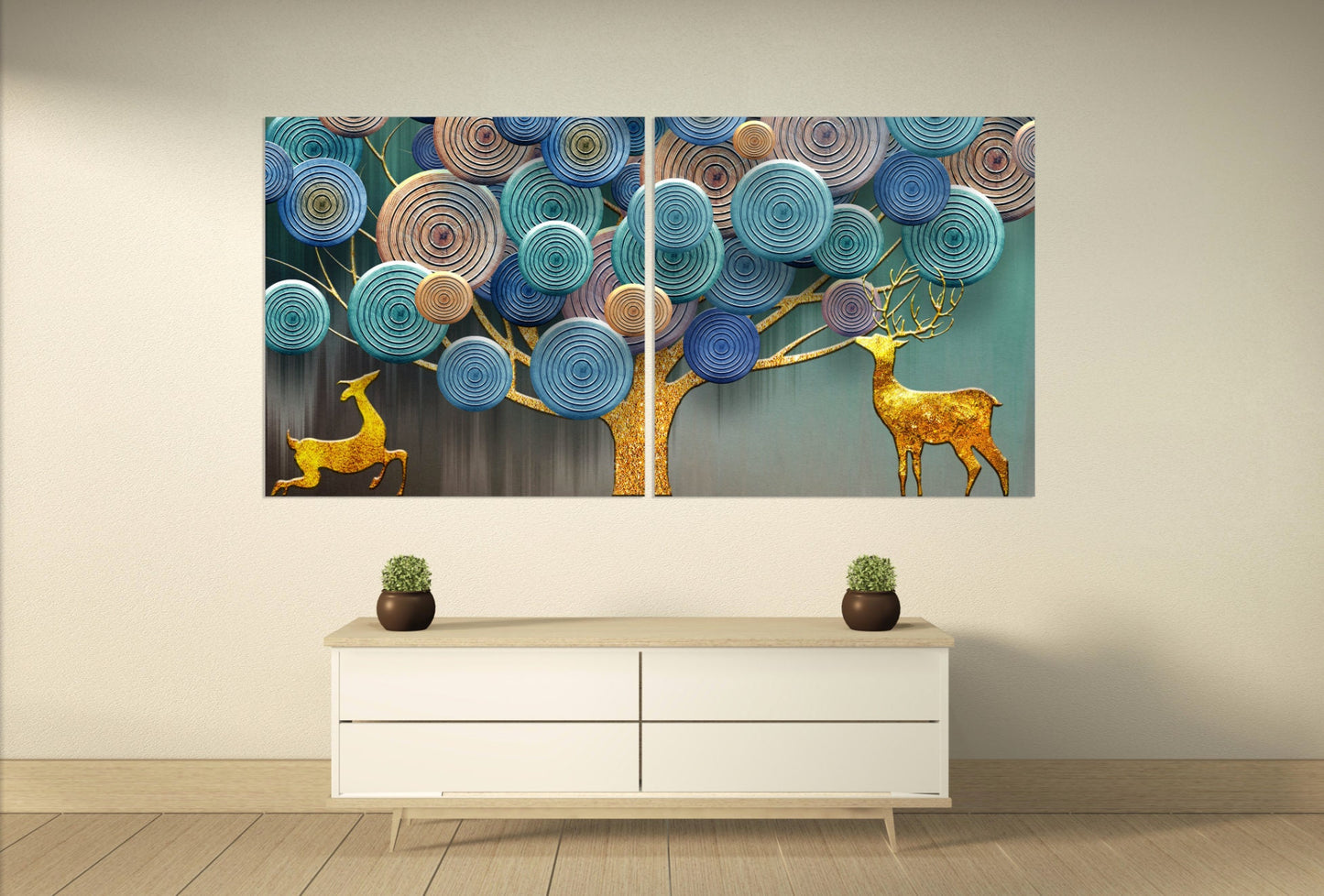 Goldener Hirsch druckbares Wohndekor Leinwandgemälde 3-teiliges Leinwandbild Waldlichterkette Waldtiere Figuren Bild Ornament