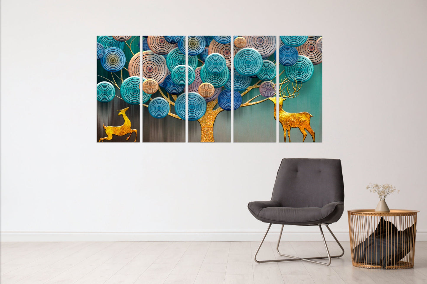 Goldener Hirsch druckbares Wohndekor Leinwandgemälde 3-teiliges Leinwandbild Waldlichterkette Waldtiere Figuren Bild Ornament