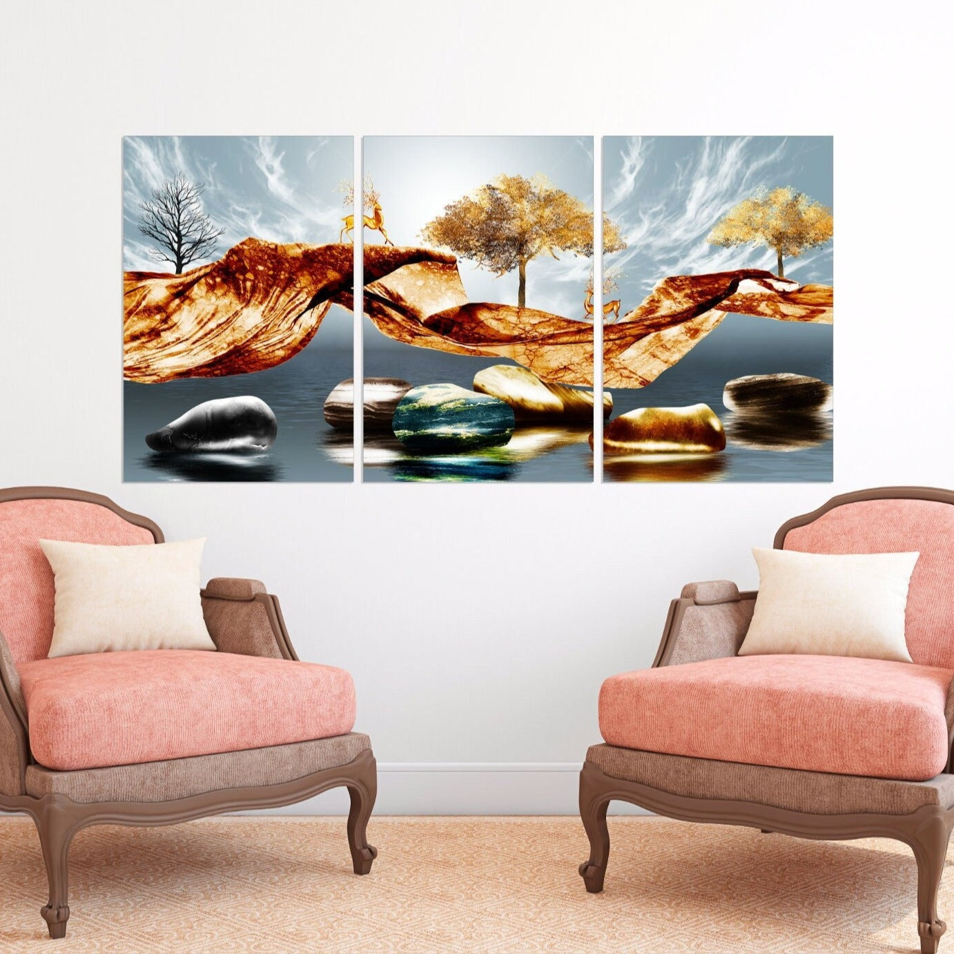 Waldtiere Figuren Obstbäume lebende Pflanze Goldener Hirsch Leinwandbild Wohnwanddekor Infinity Steine 3-teiliger Rahmen Leinwand