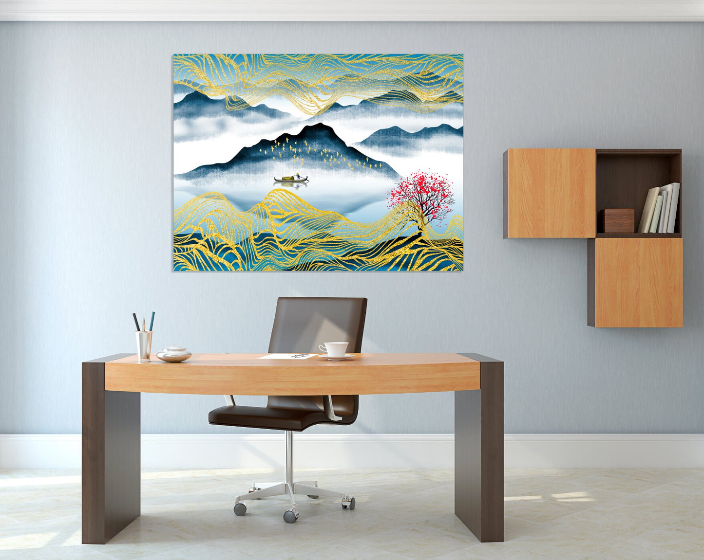 Boot Holz Sakura Blüten Filzboot Bergsee Dekor Home Wand Dekor Leinwand Gemälde Felsen und Berge Dünne blaue Linie