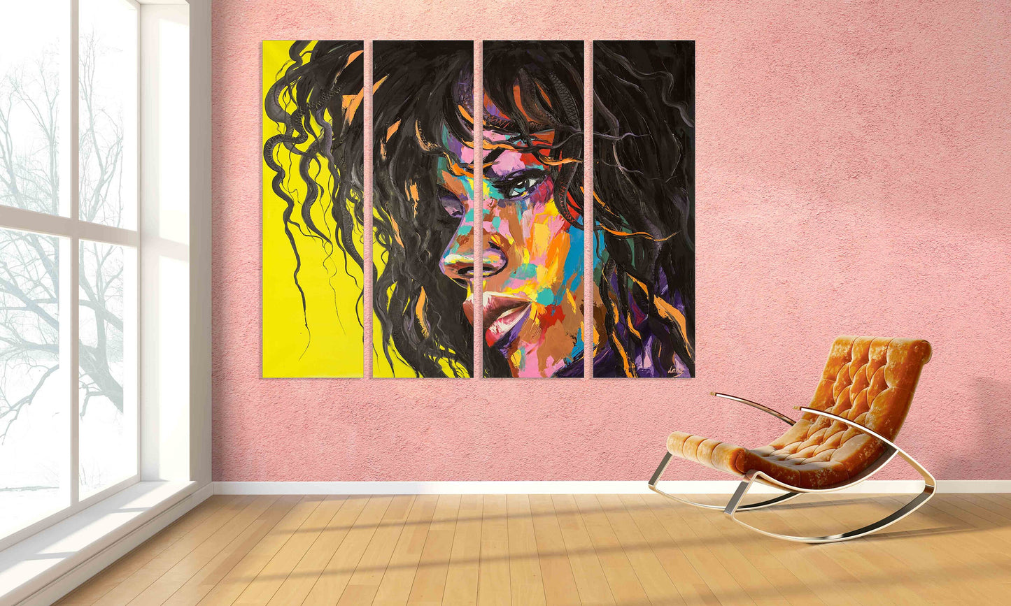 Afrikanische Leinwandkunst, afroamerikanische helle Wandkunst, Mehrteiliges extra großes Leinwandbild, Afro-Frau, trendige Wandkunst