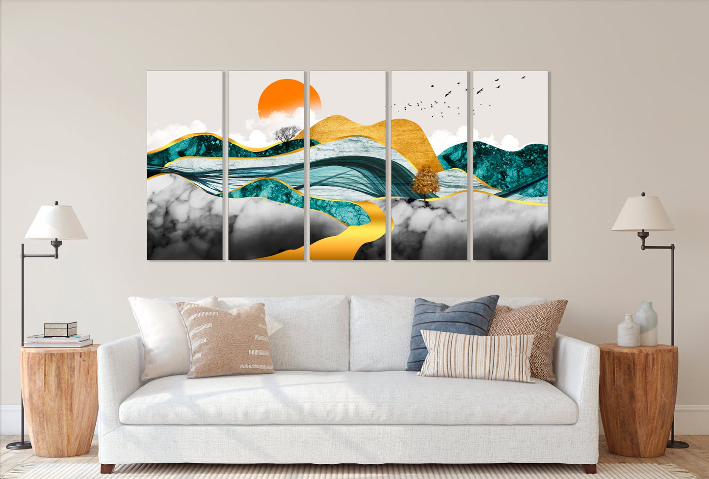 Goldene Berge Wandkunst Abstraktes gerahmtes Leinwandgemälde Wandbilder Berge Natur Wandkunst Schlafzimmer Wanddekoration Bergkunstdruck