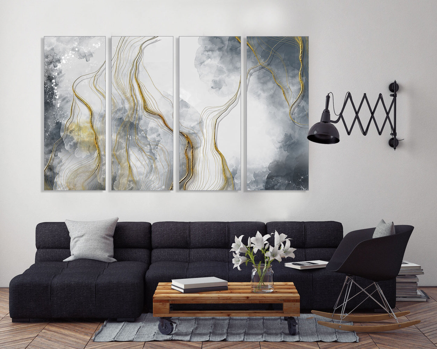 Abstrakte Wandkunst auf Leinwand. Gold- und Schwarz-Wandkunst, horizontale Wandkunst zur Wohndekoration. Abstrakter Kunstdruck. Extra große Wandkunst. Mehrteilige Wandkunst.