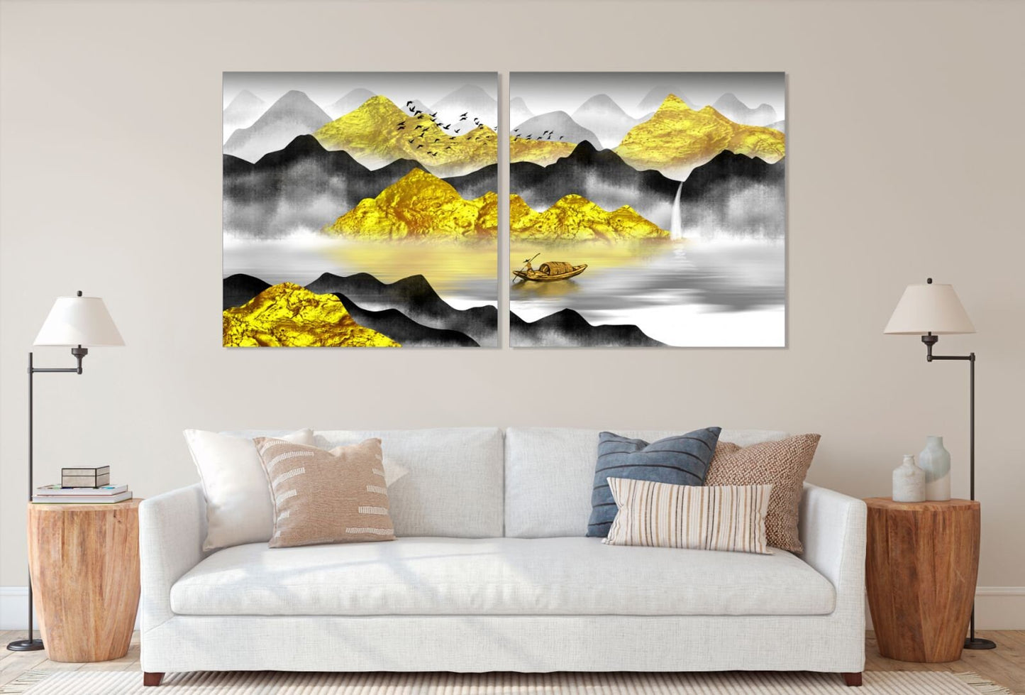 Graue und goldene Berge Wandkunst Gemälde auf Leinwand, Wandbilder Berge, Natur Wandkunst, Wohnwanddekoration, Bergkunstdruck